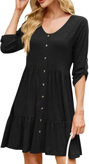 Womens 3/4 Ruffle Sleeve Mini Dress 2025 Spring Swing V Neck Vacation Beach Dresses Cute Babydoll Short Sundress