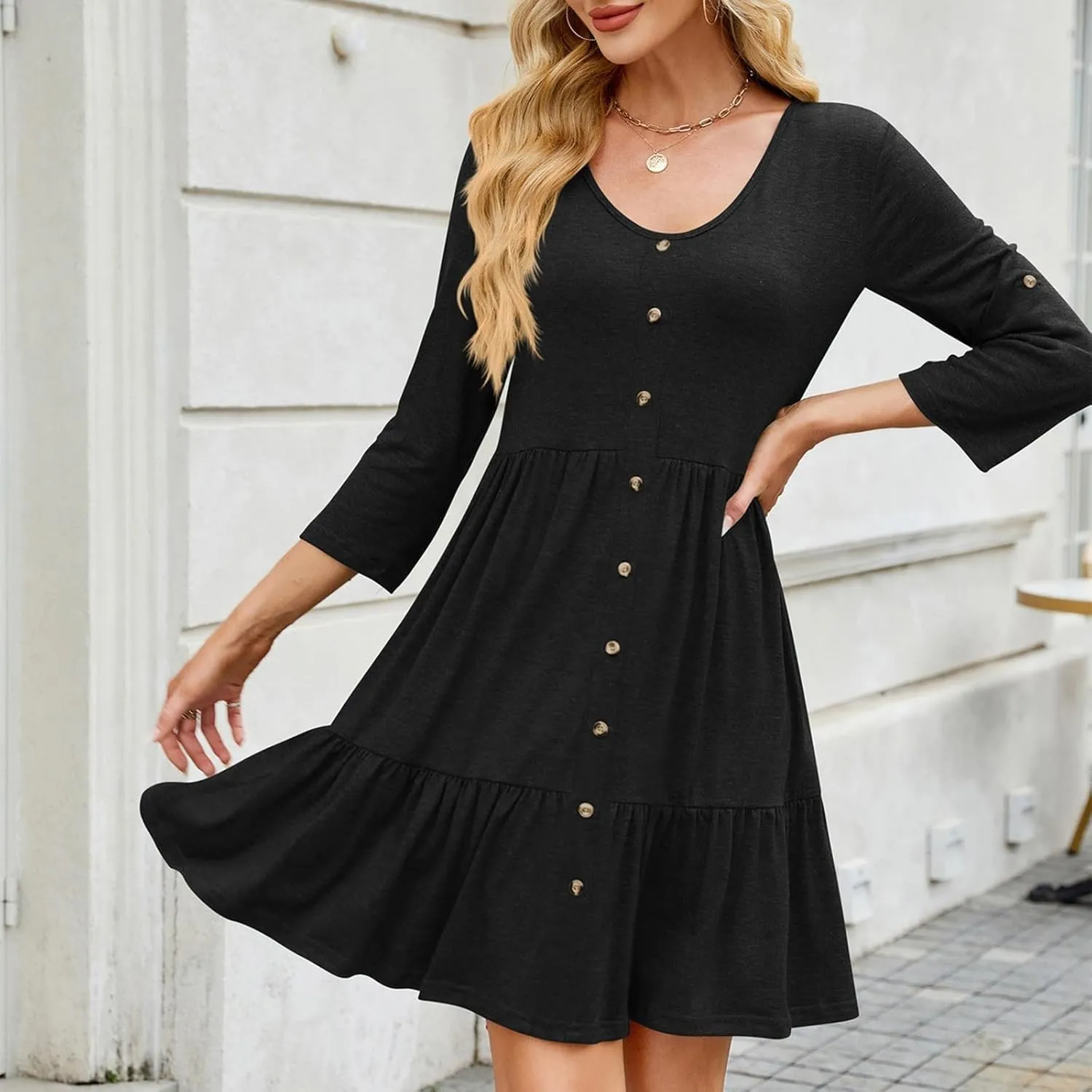 Womens 3/4 Ruffle Sleeve Mini Dress 2025 Spring Swing V Neck Vacation Beach Dresses Cute Babydoll Short Sundress