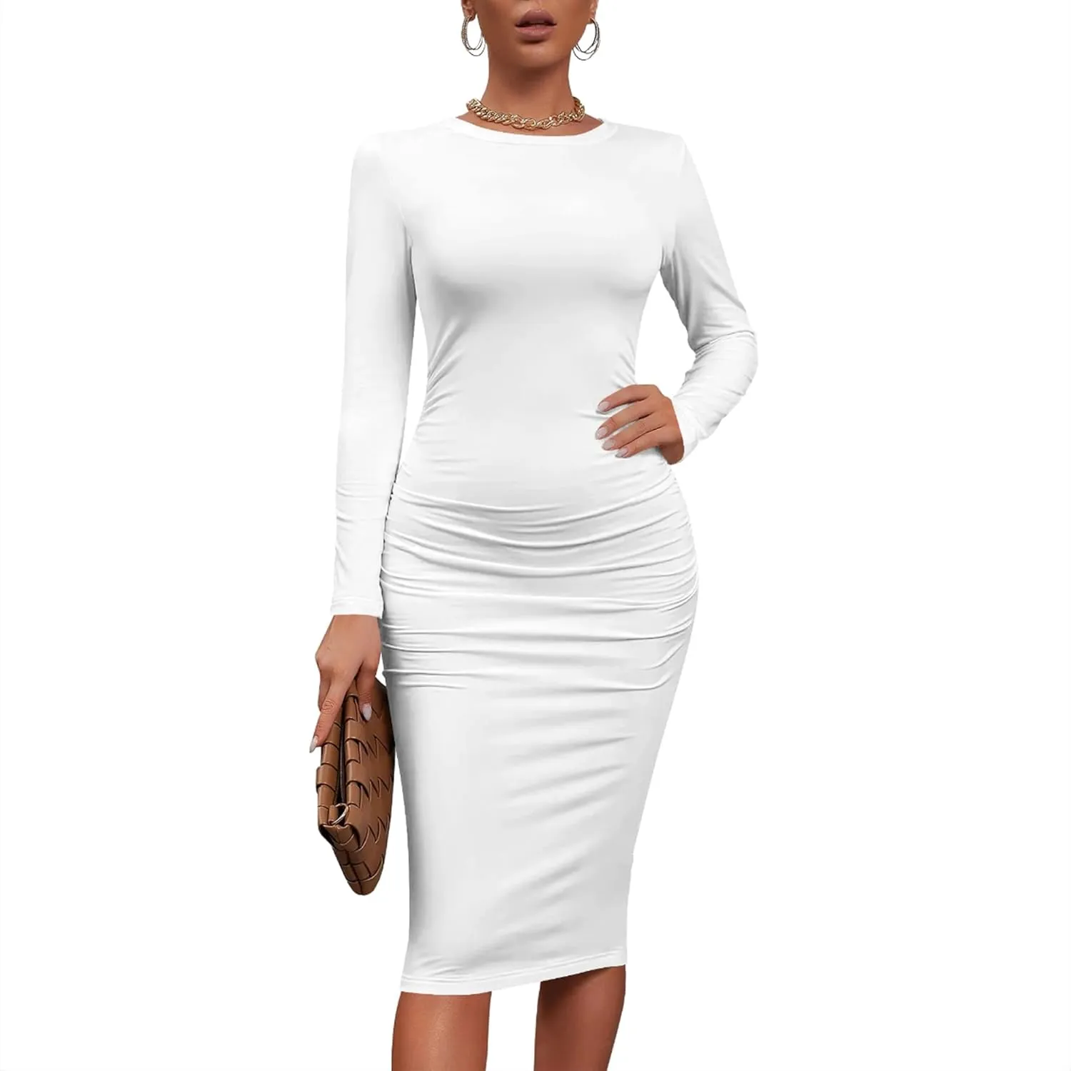 Women's Autumn Casual Basic Solid Color Long Sleeve Bodycon Sexy Turtleneck Midi Cocktail Club Party Pencil Dresses