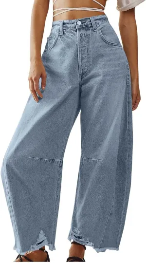 Women's Baggy Denim Trousers Fashion Button Zipper High Waist Wide Leg Jeans with Pockets Y2k Streetwear Clothing
