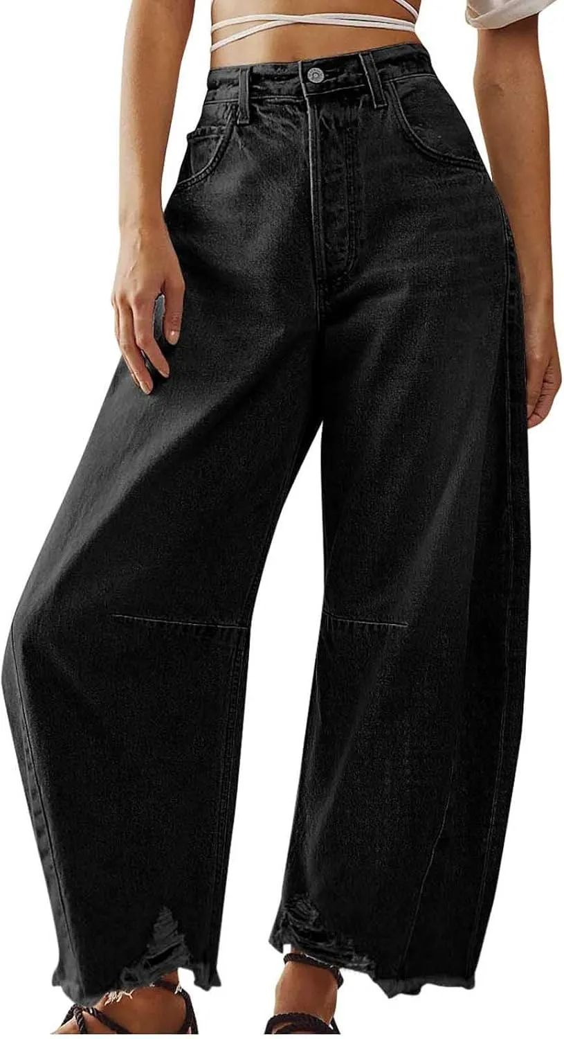 Women's Baggy Denim Trousers Fashion Button Zipper High Waist Wide Leg Jeans with Pockets Y2k Streetwear Clothing