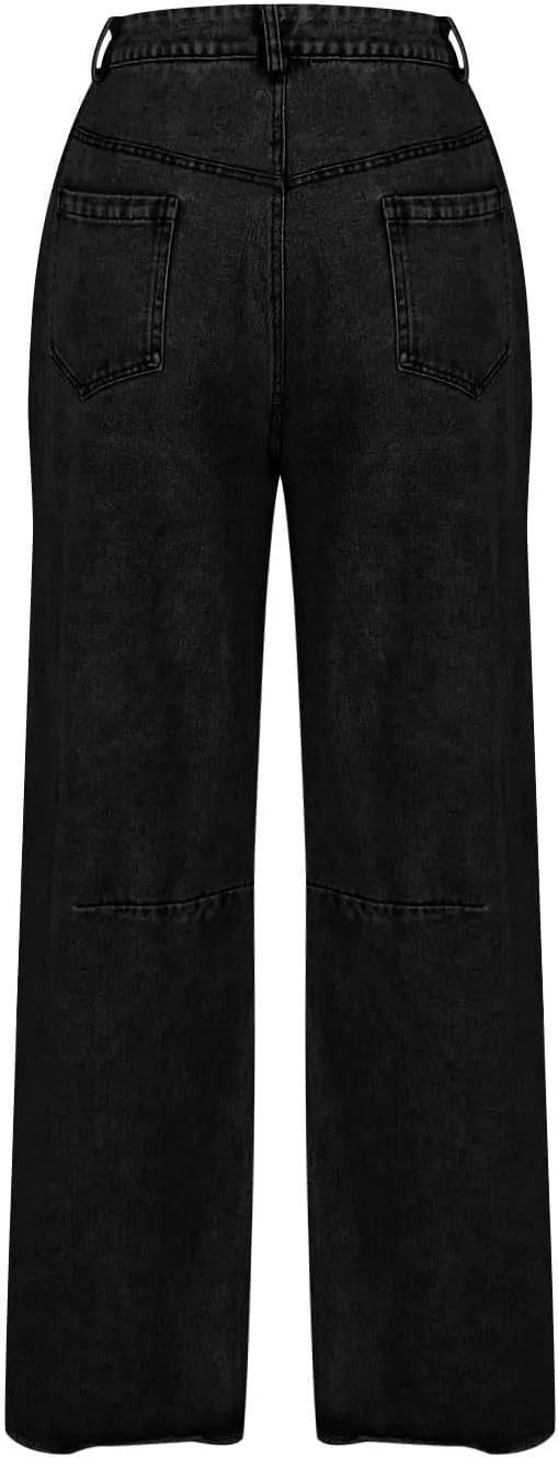 Women's Baggy Denim Trousers Fashion Button Zipper High Waist Wide Leg Jeans with Pockets Y2k Streetwear Clothing