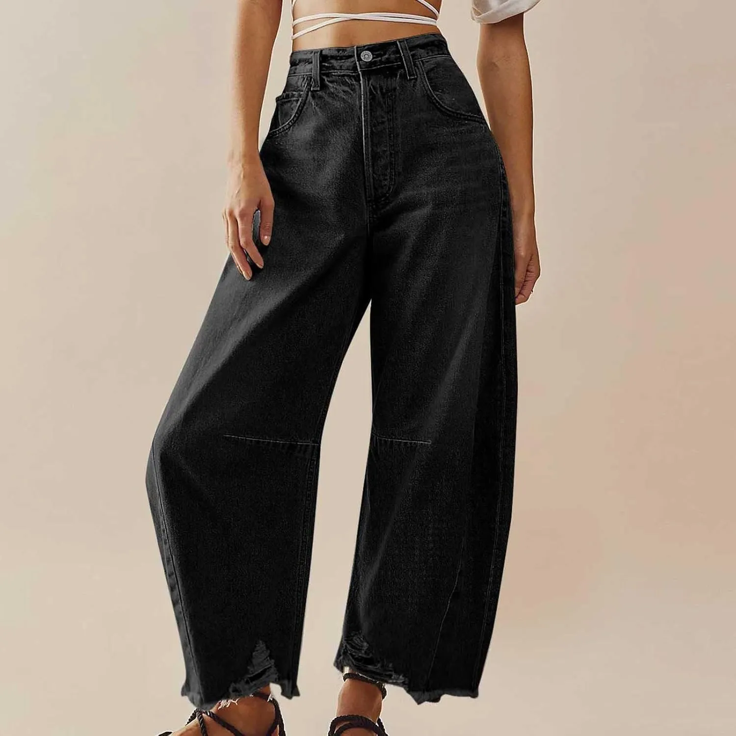 Women's Baggy Denim Trousers Fashion Button Zipper High Waist Wide Leg Jeans with Pockets Y2k Streetwear Clothing