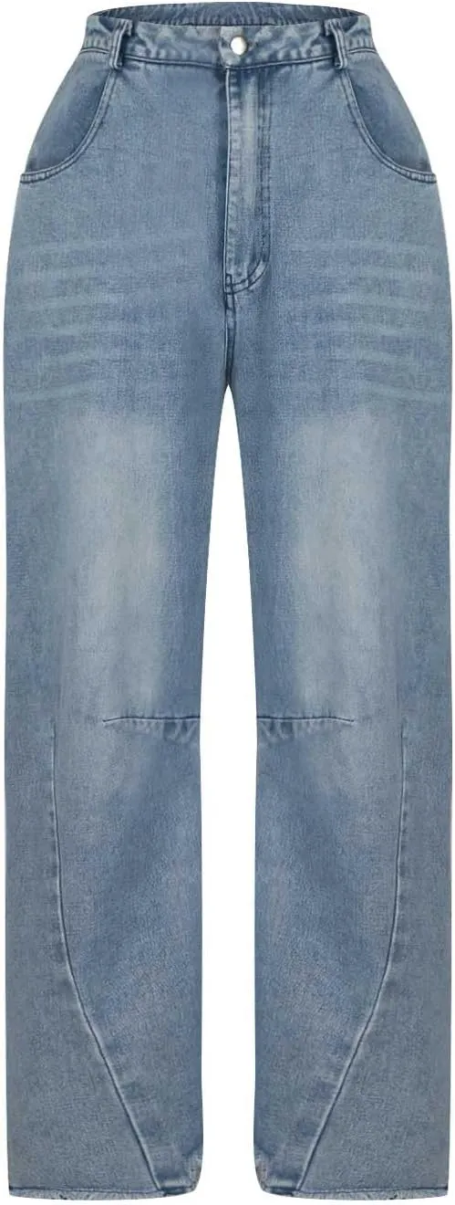 Women's Baggy Denim Trousers Fashion Button Zipper High Waist Wide Leg Jeans with Pockets Y2k Streetwear Clothing