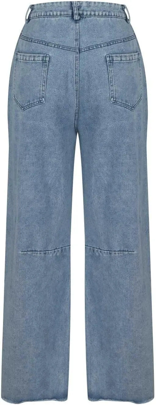 Women's Baggy Denim Trousers Fashion Button Zipper High Waist Wide Leg Jeans with Pockets Y2k Streetwear Clothing
