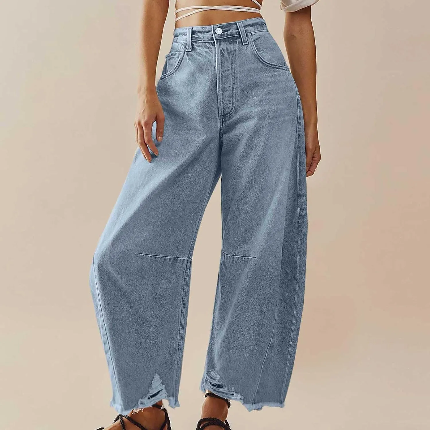 Women's Baggy Denim Trousers Fashion Button Zipper High Waist Wide Leg Jeans with Pockets Y2k Streetwear Clothing