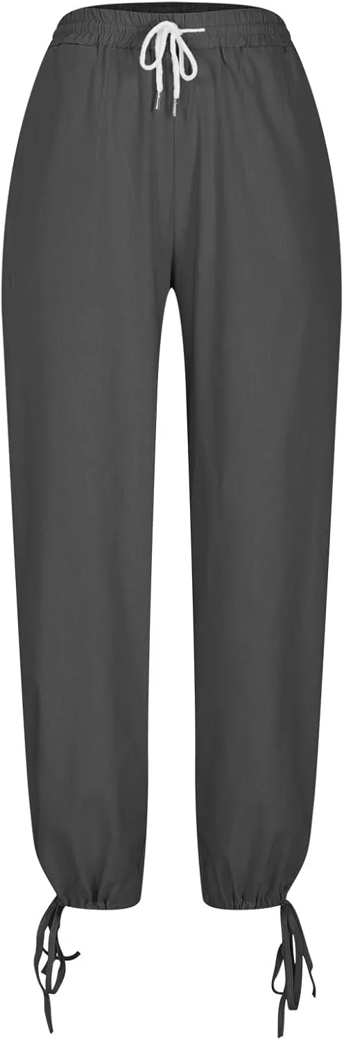 Womens Beach Pants Summer Casual Loose Plus Size Pants Work Drawstring High Waisted Linen Pants Trousers with Pckets