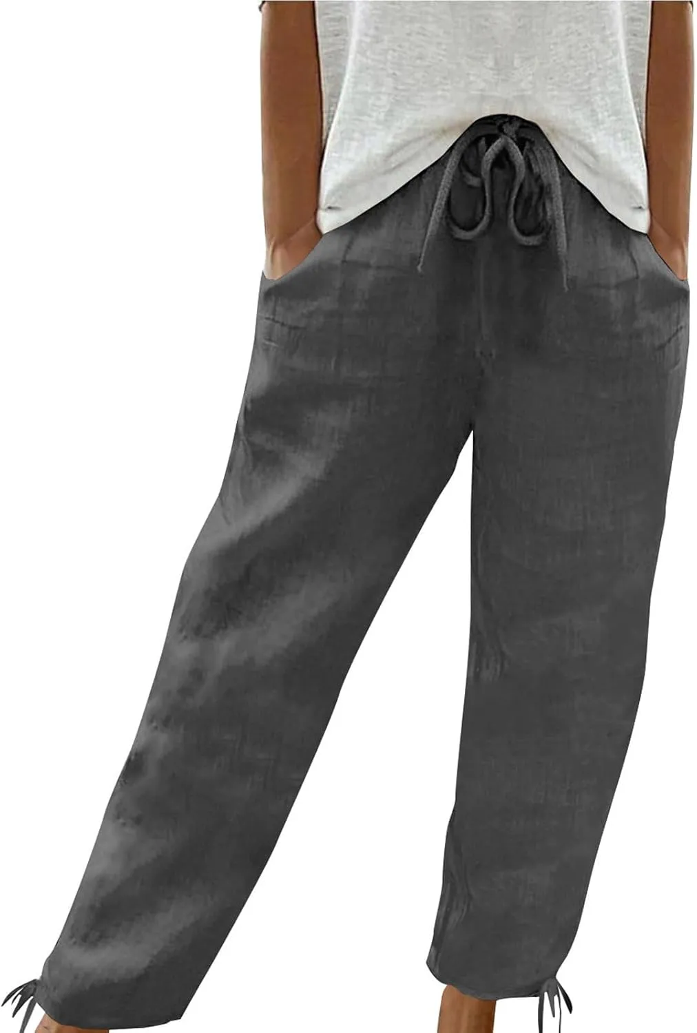 Womens Beach Pants Summer Casual Loose Plus Size Pants Work Drawstring High Waisted Linen Pants Trousers with Pckets