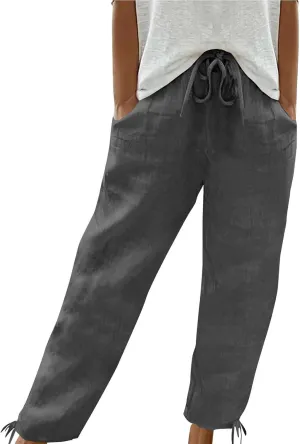 Womens Beach Pants Summer Casual Loose Plus Size Pants Work Drawstring High Waisted Linen Pants Trousers with Pckets