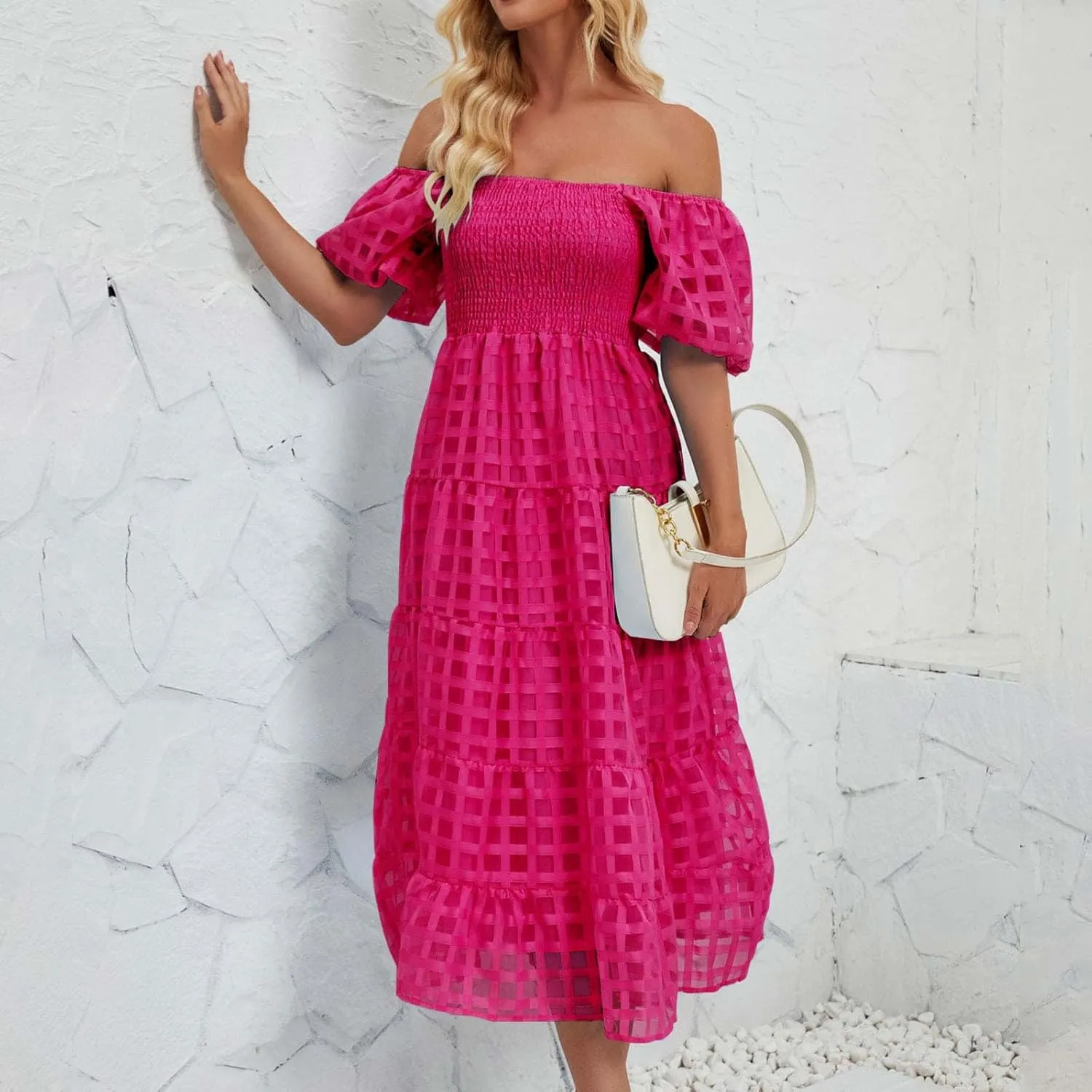 Womens Bohemian Dresses Summer Casual Off Shoulder Puff Sleeve Midi Boho Dress Tiered Ruffle Sundress Vacation Outfit