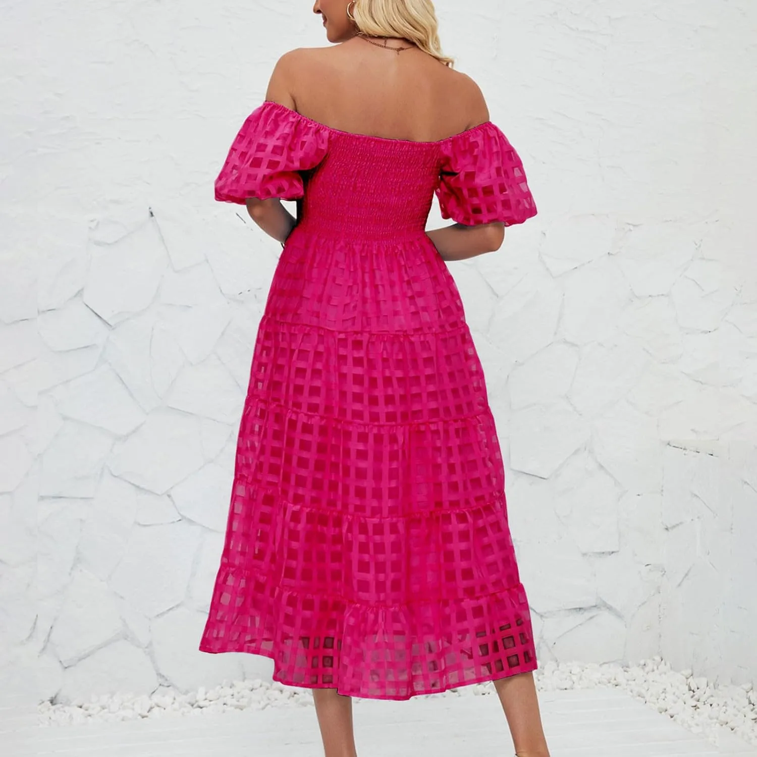 Womens Bohemian Dresses Summer Casual Off Shoulder Puff Sleeve Midi Boho Dress Tiered Ruffle Sundress Vacation Outfit