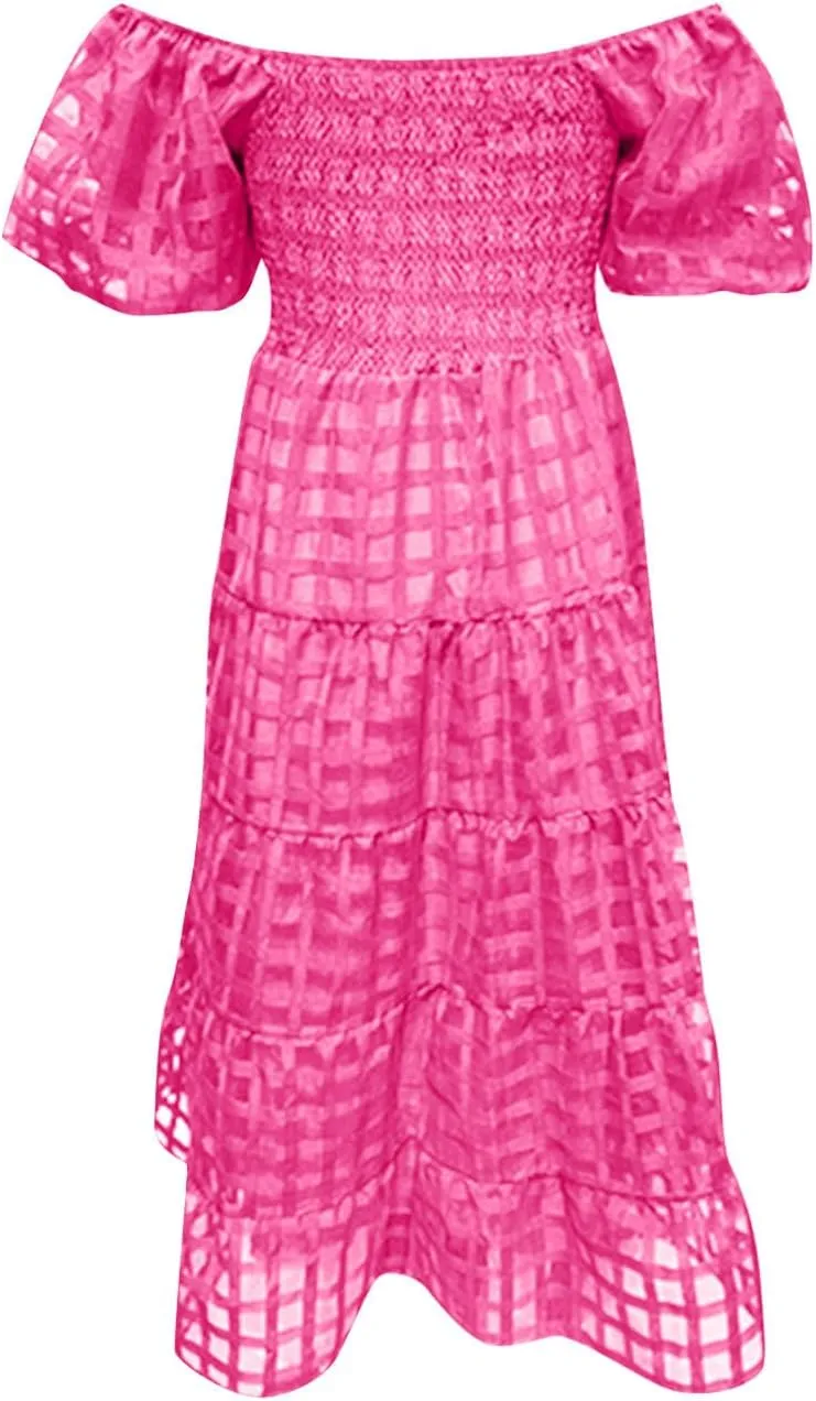 Womens Bohemian Dresses Summer Casual Off Shoulder Puff Sleeve Midi Boho Dress Tiered Ruffle Sundress Vacation Outfit