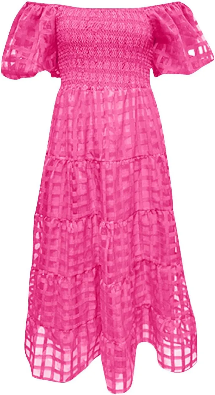 Womens Bohemian Dresses Summer Casual Off Shoulder Puff Sleeve Midi Boho Dress Tiered Ruffle Sundress Vacation Outfit
