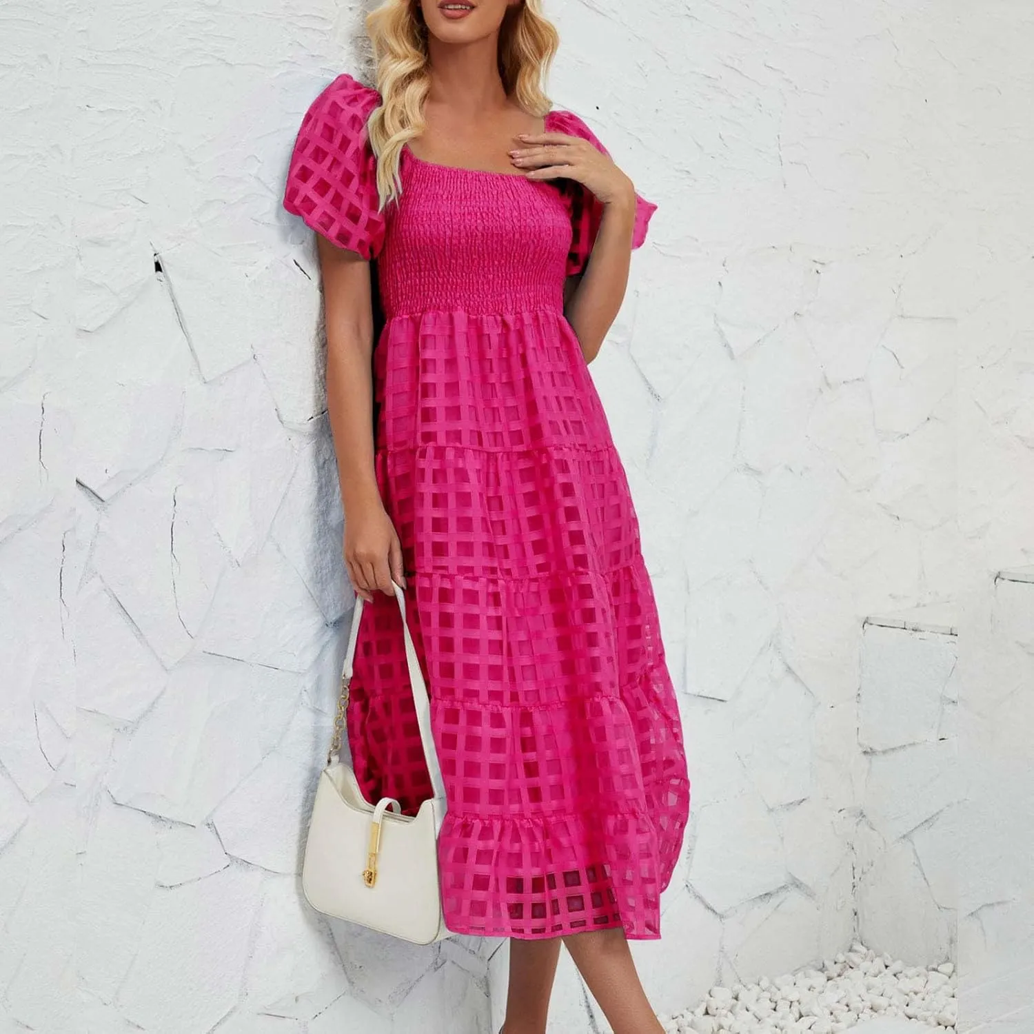 Womens Bohemian Dresses Summer Casual Off Shoulder Puff Sleeve Midi Boho Dress Tiered Ruffle Sundress Vacation Outfit