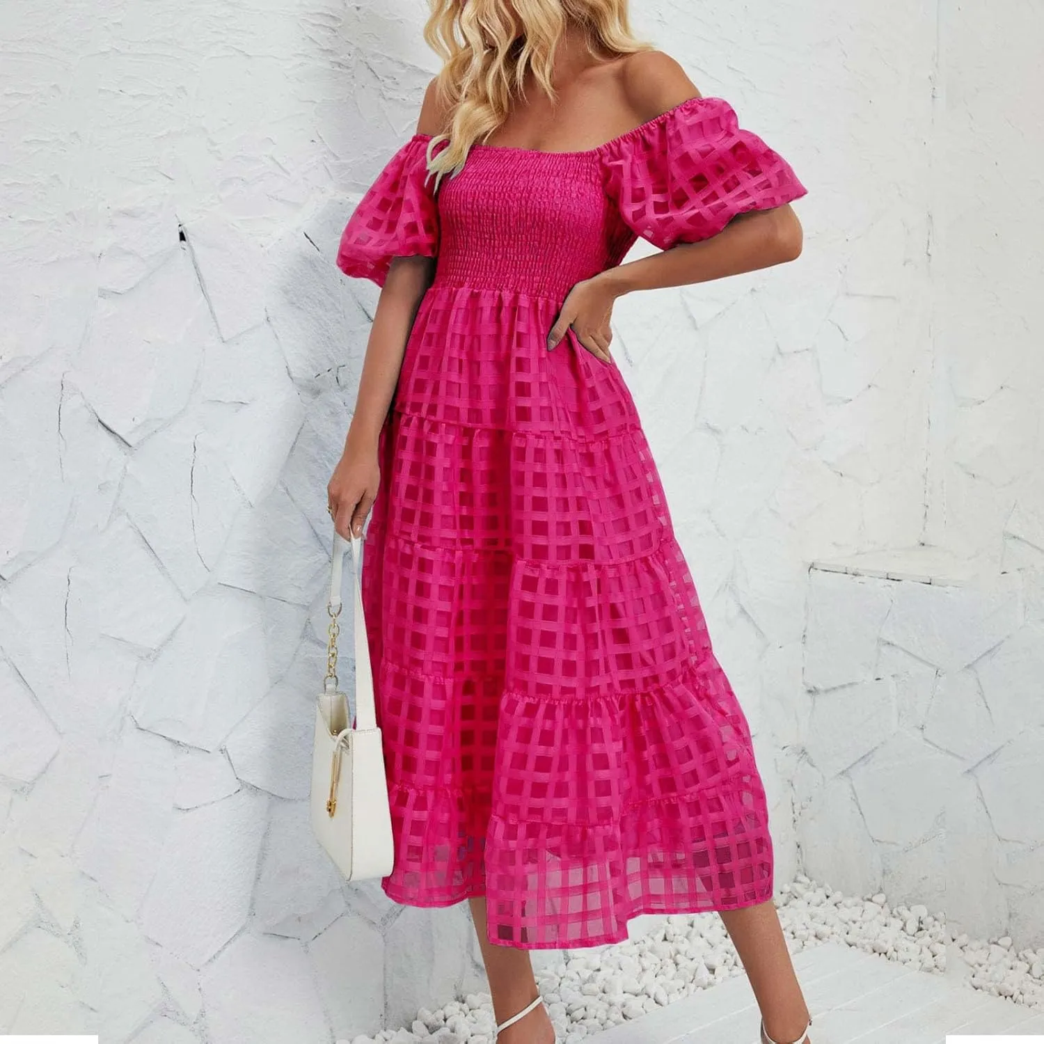 Womens Bohemian Dresses Summer Casual Off Shoulder Puff Sleeve Midi Boho Dress Tiered Ruffle Sundress Vacation Outfit