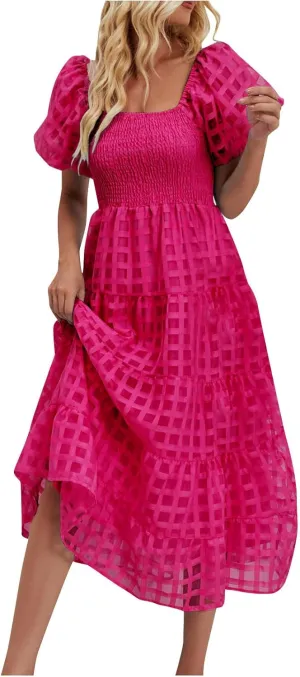 Womens Bohemian Dresses Summer Casual Off Shoulder Puff Sleeve Midi Boho Dress Tiered Ruffle Sundress Vacation Outfit