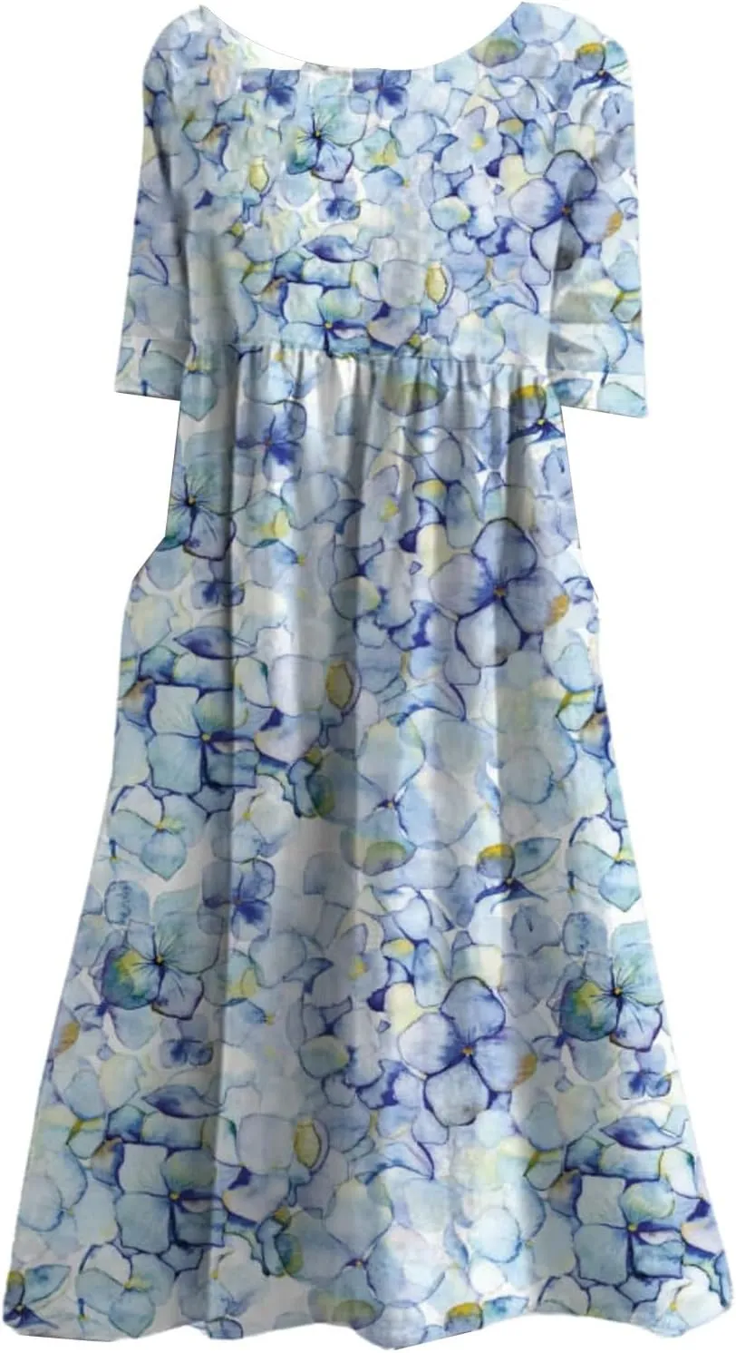 Women's Bohemian Floral Printed Maxi Spring Dress 2025 Colorful Summer Casual Loose Flowy Dresses with Pockets