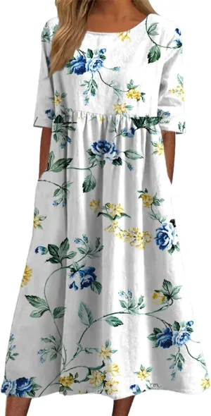 Women's Bohemian Floral Printed Maxi Spring Dress 2025 Colorful Summer Casual Loose Flowy Dresses with Pockets