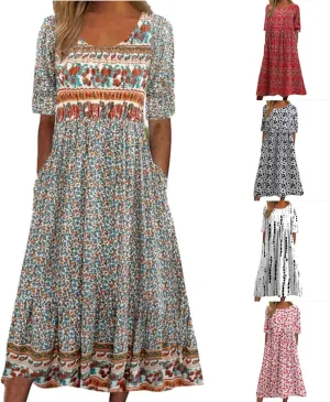 Women's Bohemian Floral Printed Maxi Spring Dress 2025 Colorful Summer Casual Loose Flowy Dresses with Pockets