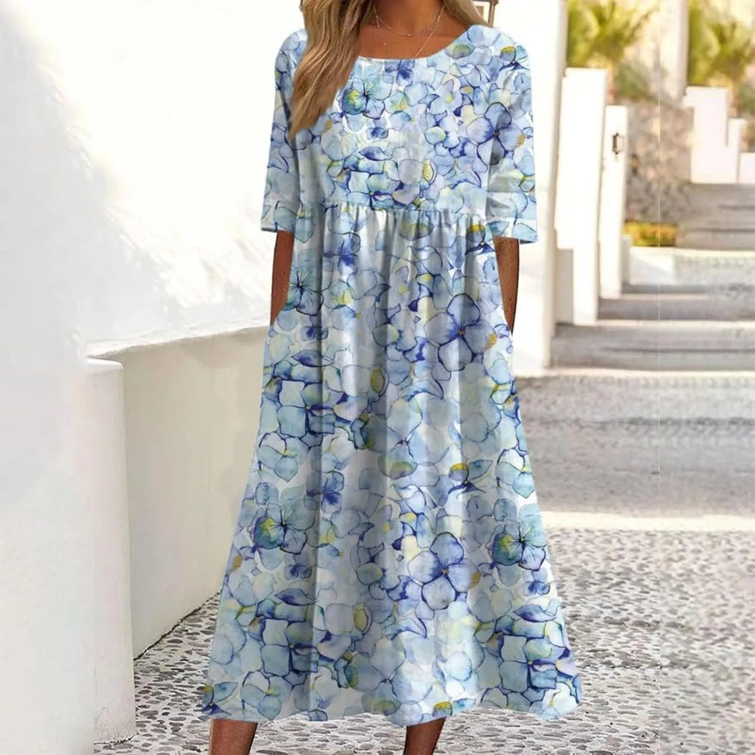 Women's Bohemian Floral Printed Maxi Spring Dress 2025 Colorful Summer Casual Loose Flowy Dresses with Pockets