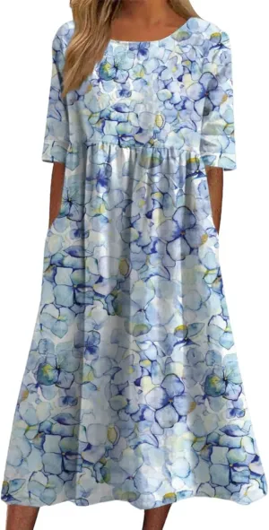Women's Bohemian Floral Printed Maxi Spring Dress 2025 Colorful Summer Casual Loose Flowy Dresses with Pockets