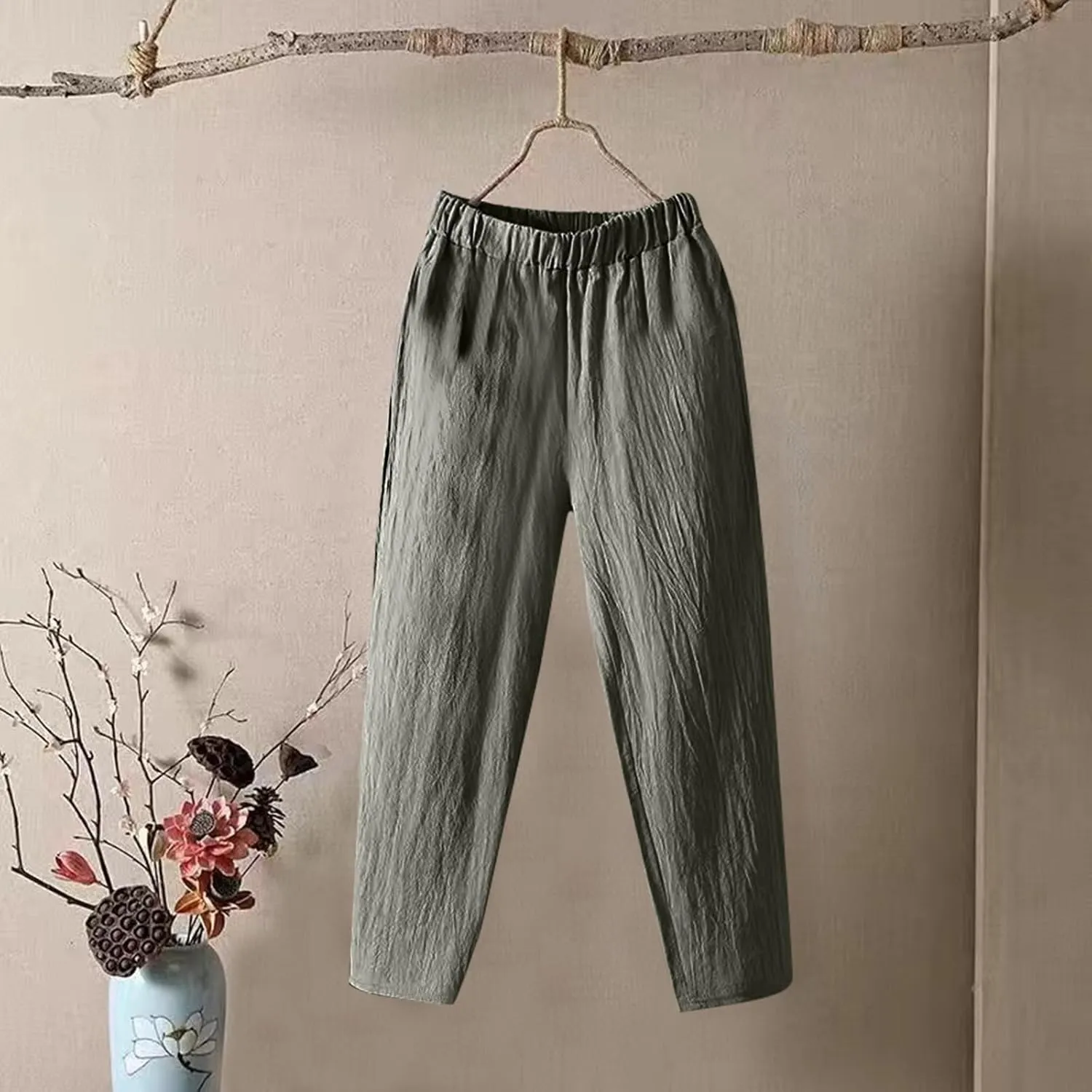 Womens Cargo Pants, Summer Casual Straight Leg Pants Peasant Linen Drawstring High