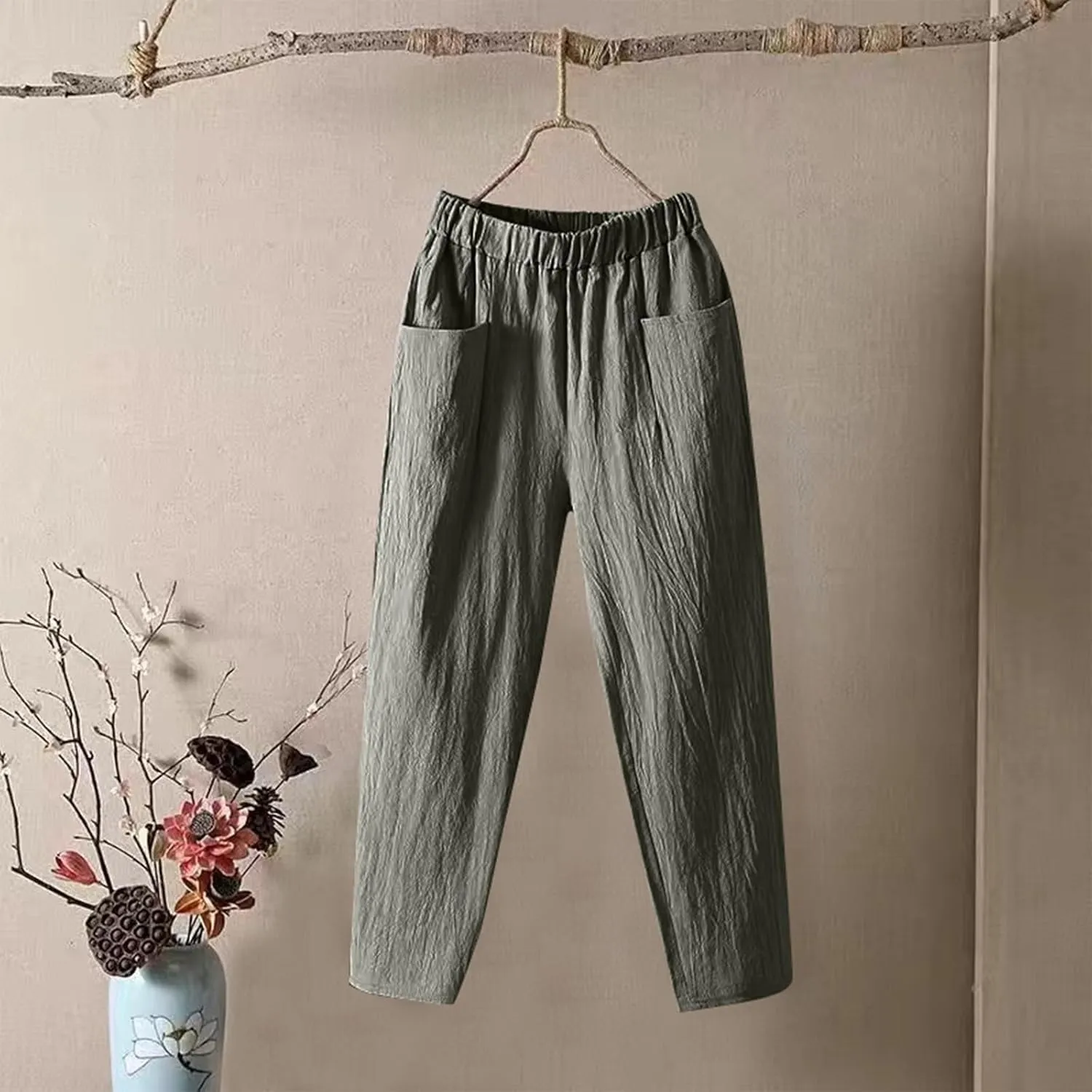 Womens Cargo Pants, Summer Casual Straight Leg Pants Peasant Linen Drawstring High