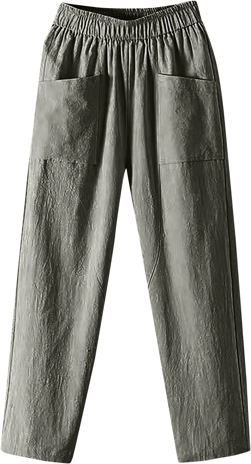 Womens Cargo Pants, Summer Casual Straight Leg Pants Peasant Linen Drawstring High