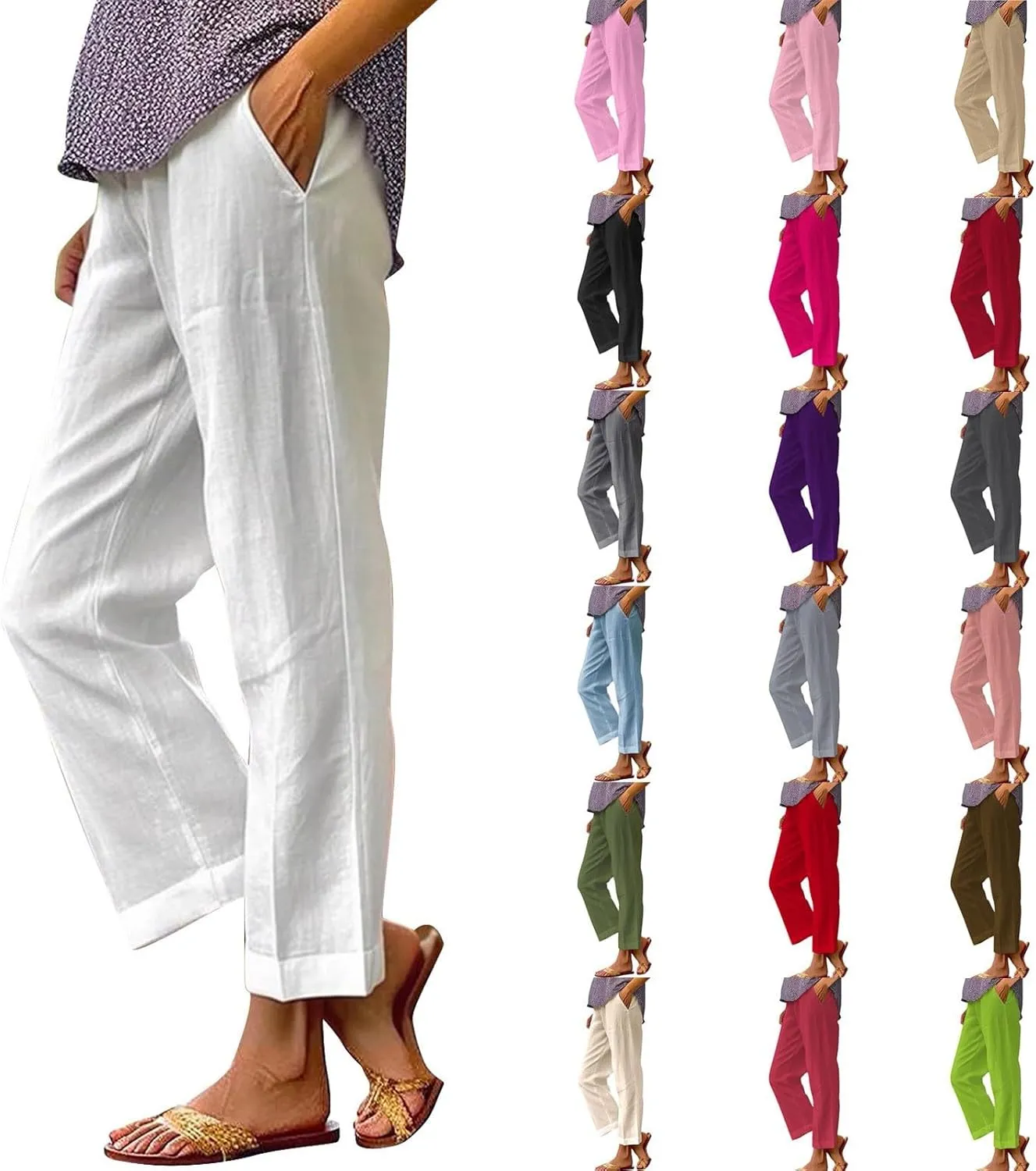 Womens Casual Cotton Linen Pants Lightweight Summer Relax Fit Elastic Waist Plus Size Solid Lounge Long Trousers