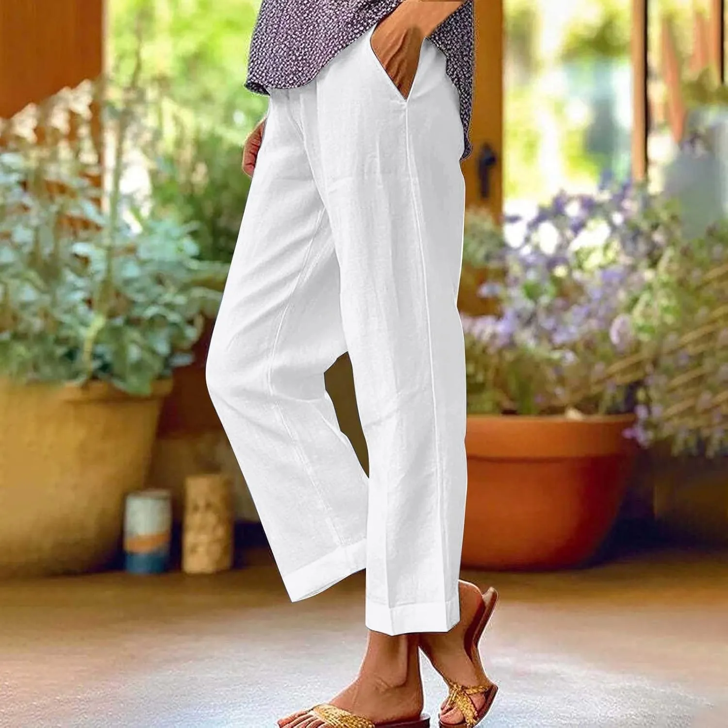 Womens Casual Cotton Linen Pants Lightweight Summer Relax Fit Elastic Waist Plus Size Solid Lounge Long Trousers