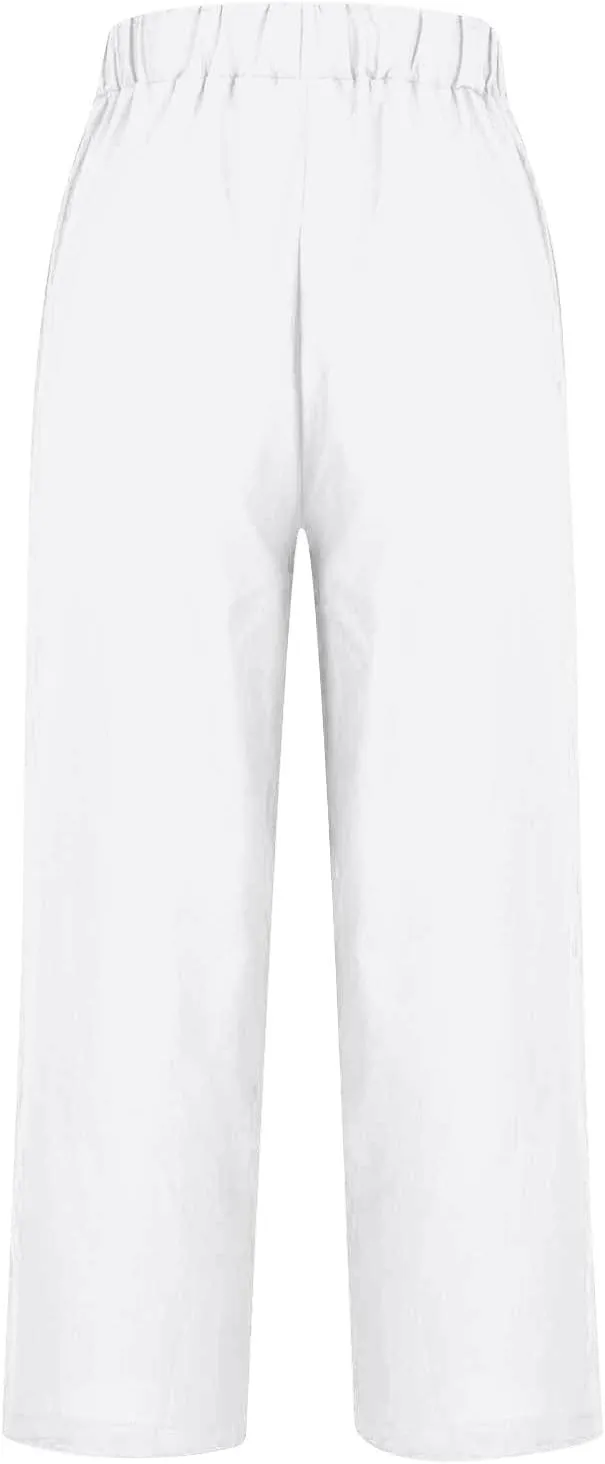 Womens Casual Cotton Linen Pants Lightweight Summer Relax Fit Elastic Waist Plus Size Solid Lounge Long Trousers