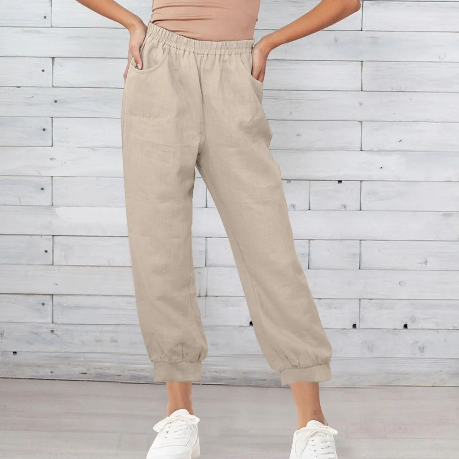 Womens Casual Cotton Linen Pants Lightweight Summer Relax Fit Elastic Waist Solid Color Lounge Trousers with Pockets