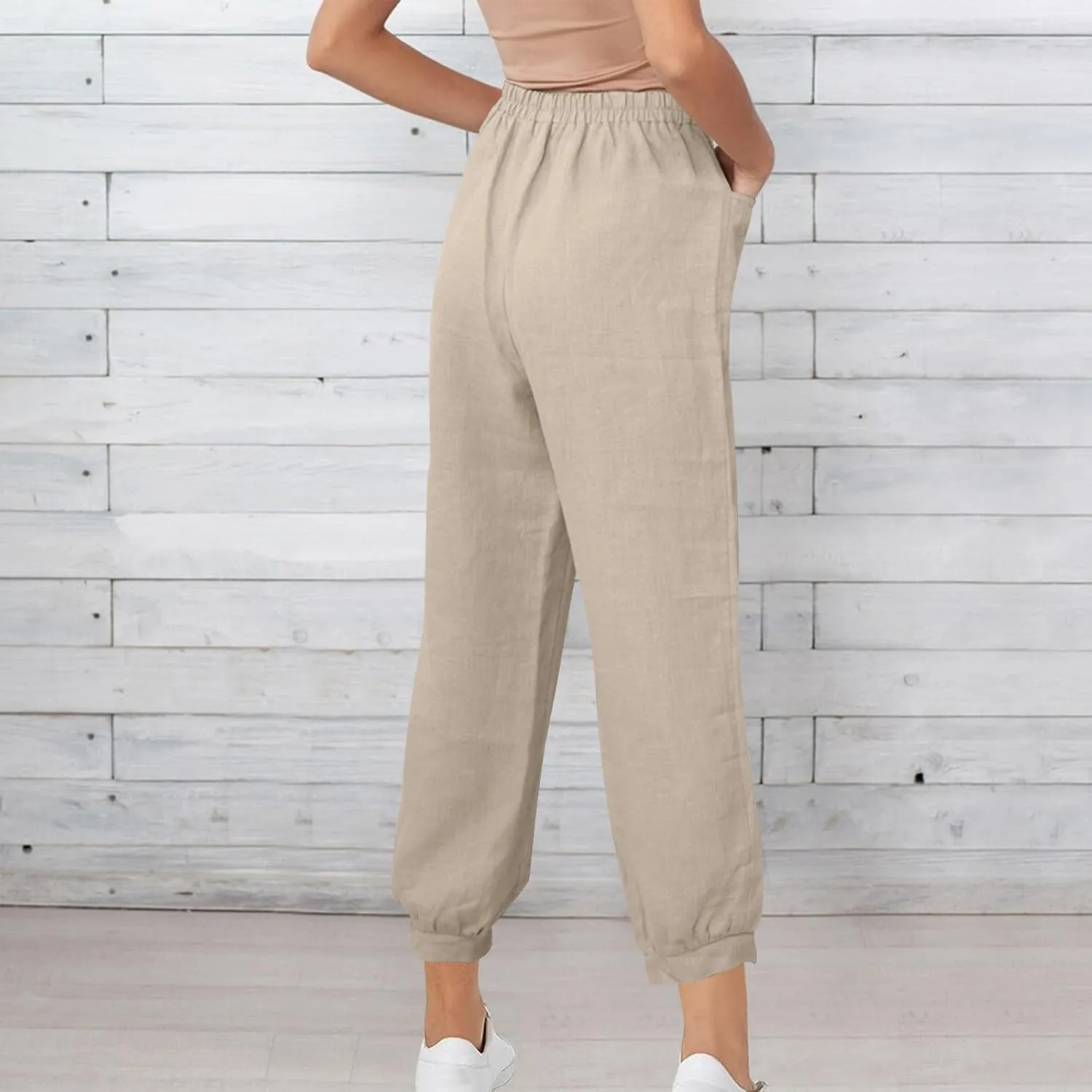 Womens Casual Cotton Linen Pants Lightweight Summer Relax Fit Elastic Waist Solid Color Lounge Trousers with Pockets