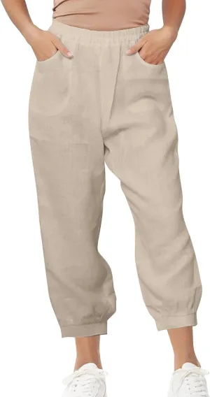 Womens Casual Cotton Linen Pants Lightweight Summer Relax Fit Elastic Waist Solid Color Lounge Trousers with Pockets