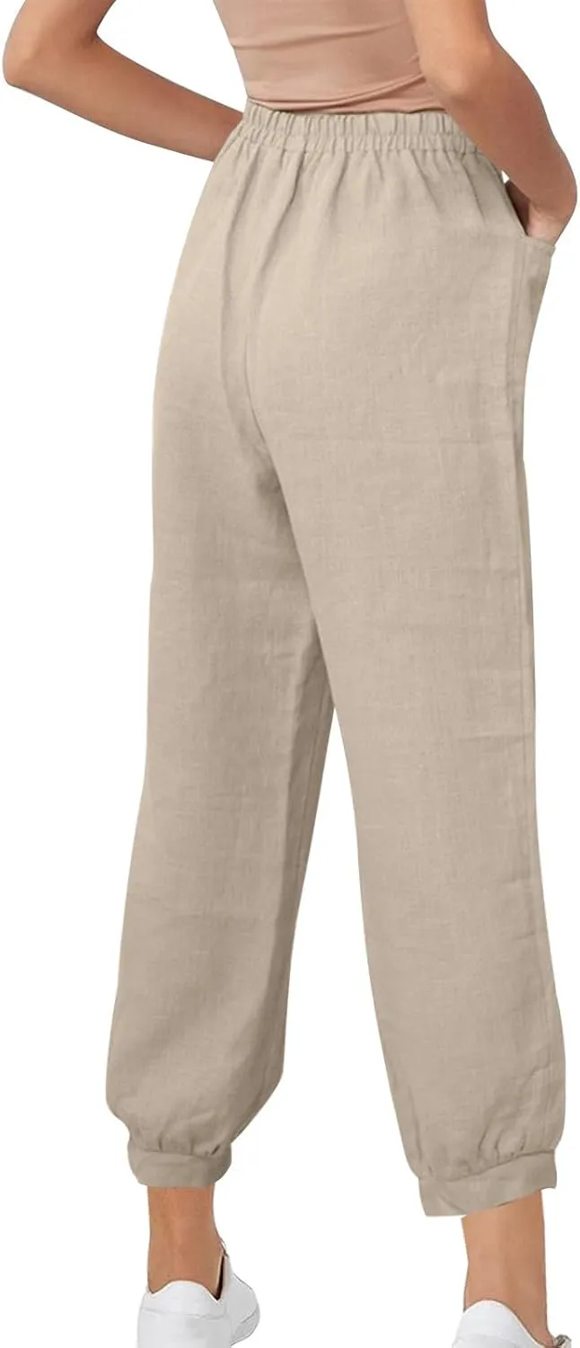 Womens Casual Cotton Linen Pants Lightweight Summer Relax Fit Elastic Waist Solid Color Lounge Trousers with Pockets