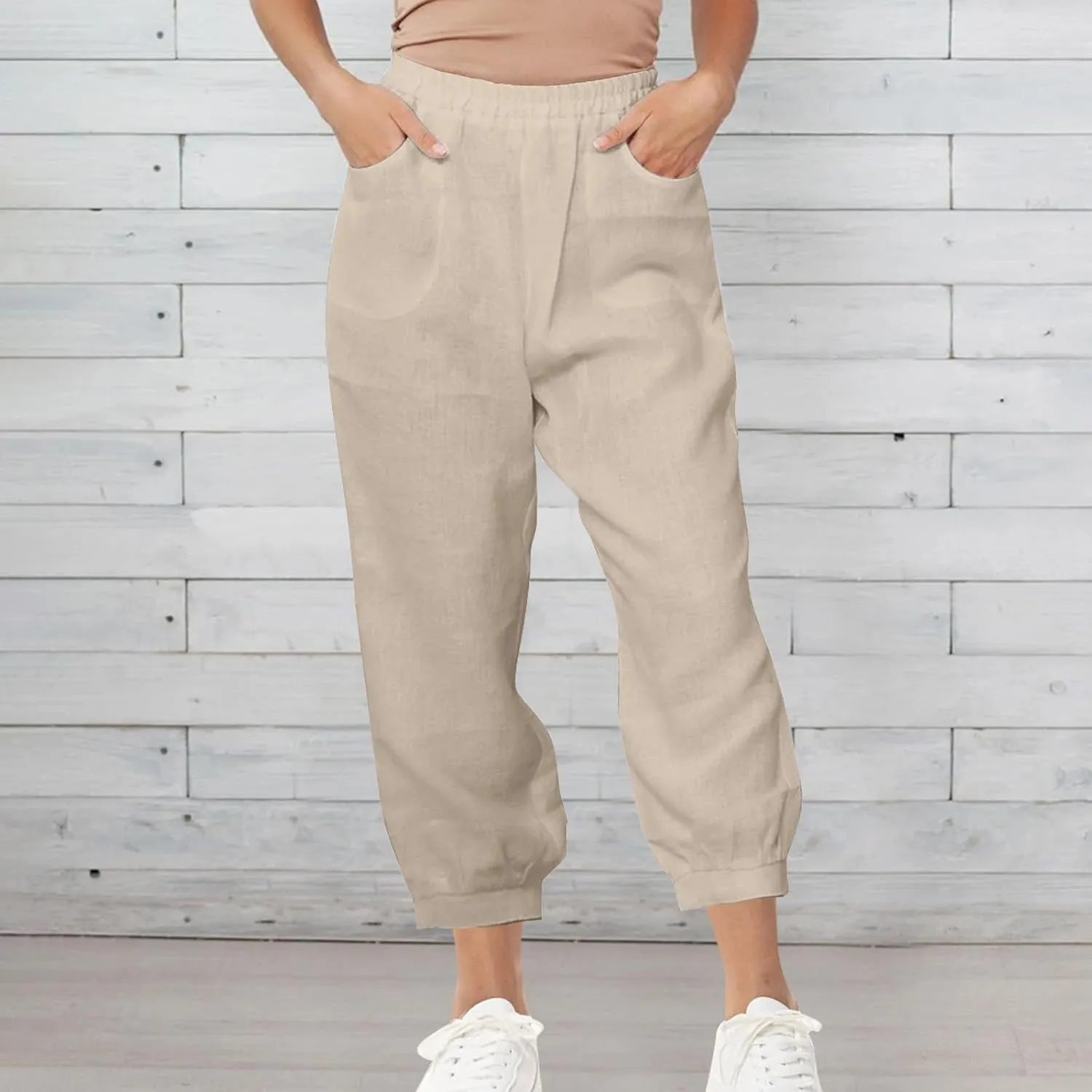 Womens Casual Cotton Linen Pants Lightweight Summer Relax Fit Elastic Waist Solid Color Lounge Trousers with Pockets