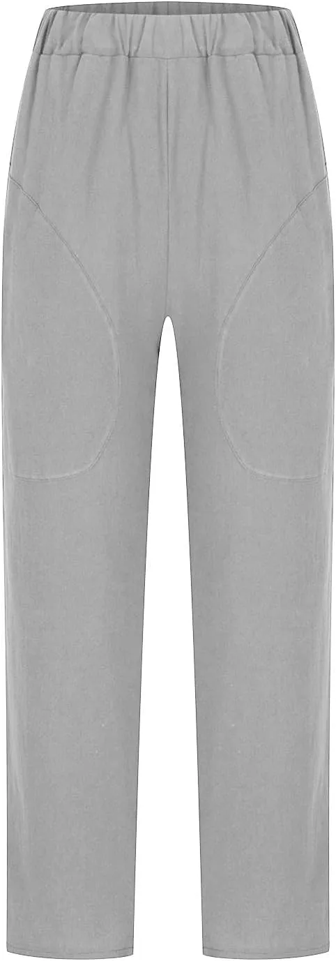 Women's Casual Cotton Linen Pants Tapered Capri Cargo Pants Loose Elastic Waist Ankle Cropped Trousers with Pockets
