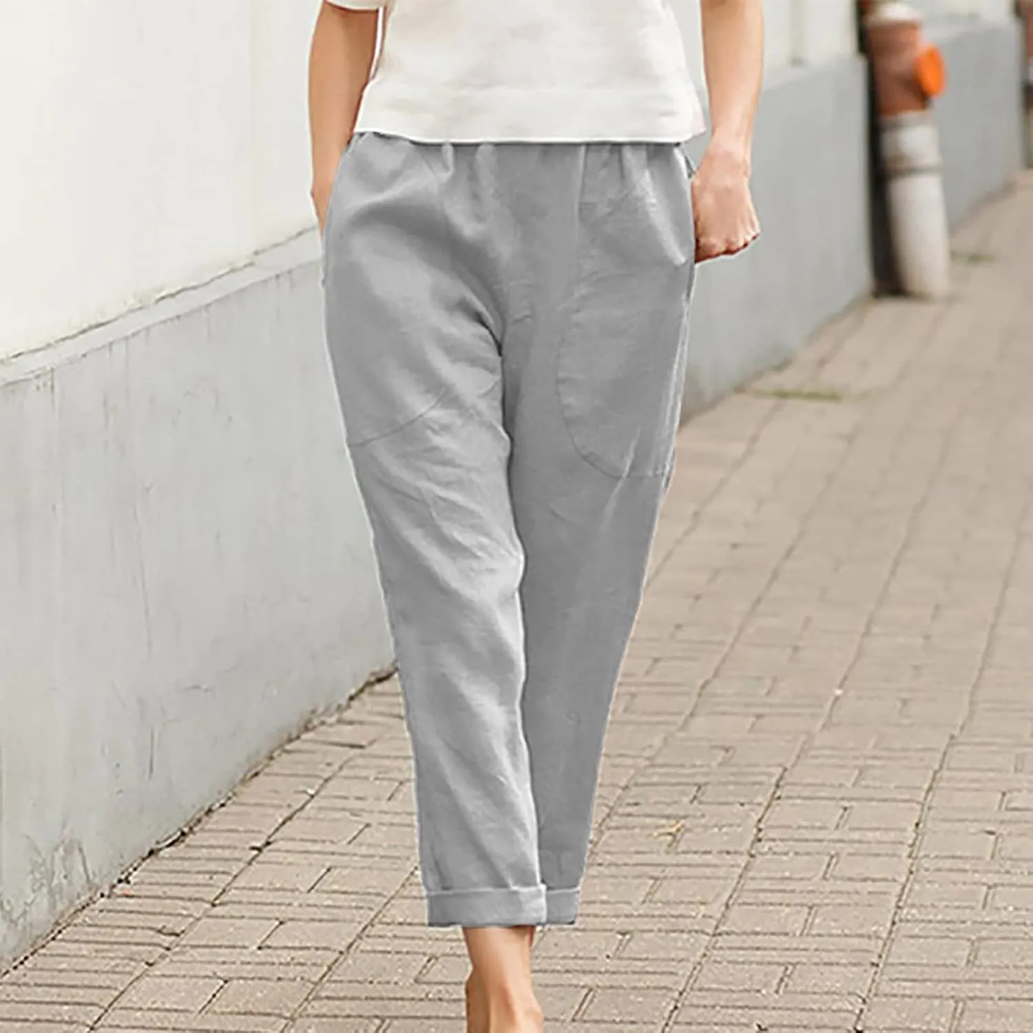 Women's Casual Cotton Linen Pants Tapered Capri Cargo Pants Loose Elastic Waist Ankle Cropped Trousers with Pockets