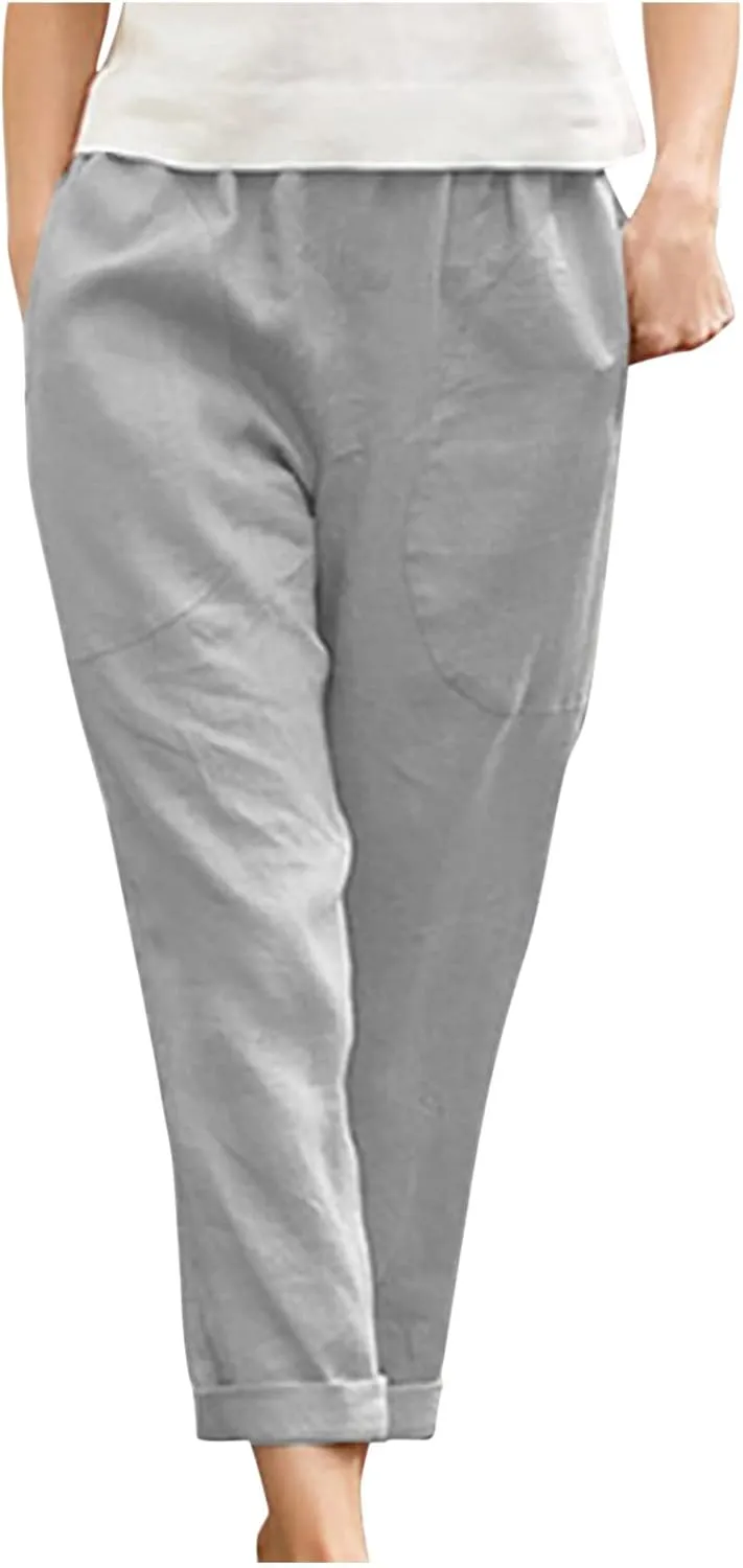 Women's Casual Cotton Linen Pants Tapered Capri Cargo Pants Loose Elastic Waist Ankle Cropped Trousers with Pockets