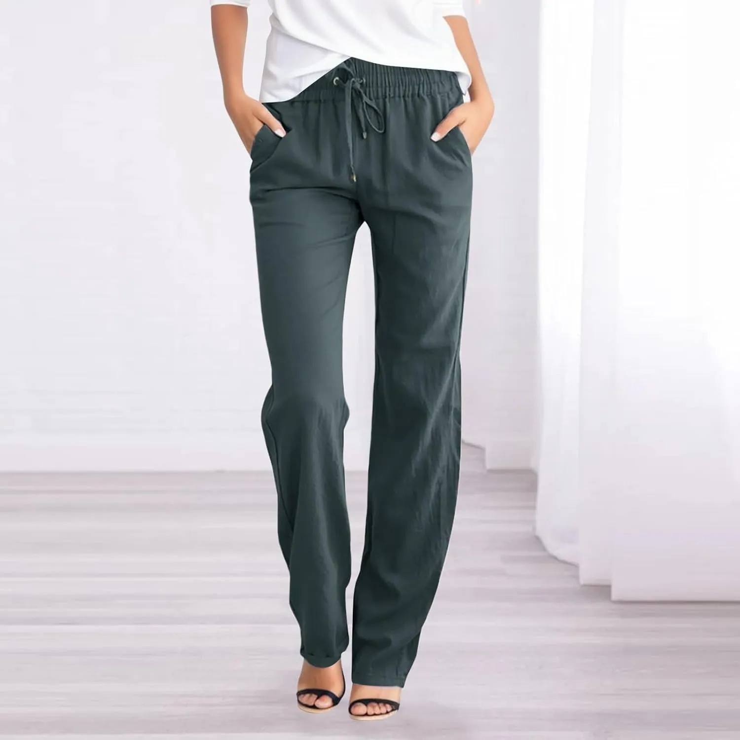 Womens Casual Linen High Waist Pants, Straight Leg Drawstring Loose Summer Holiday Solid Color Elastic Trousers Pockets