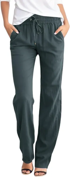 Womens Casual Linen High Waist Pants, Straight Leg Drawstring Loose Summer Holiday Solid Color Elastic Trousers Pockets