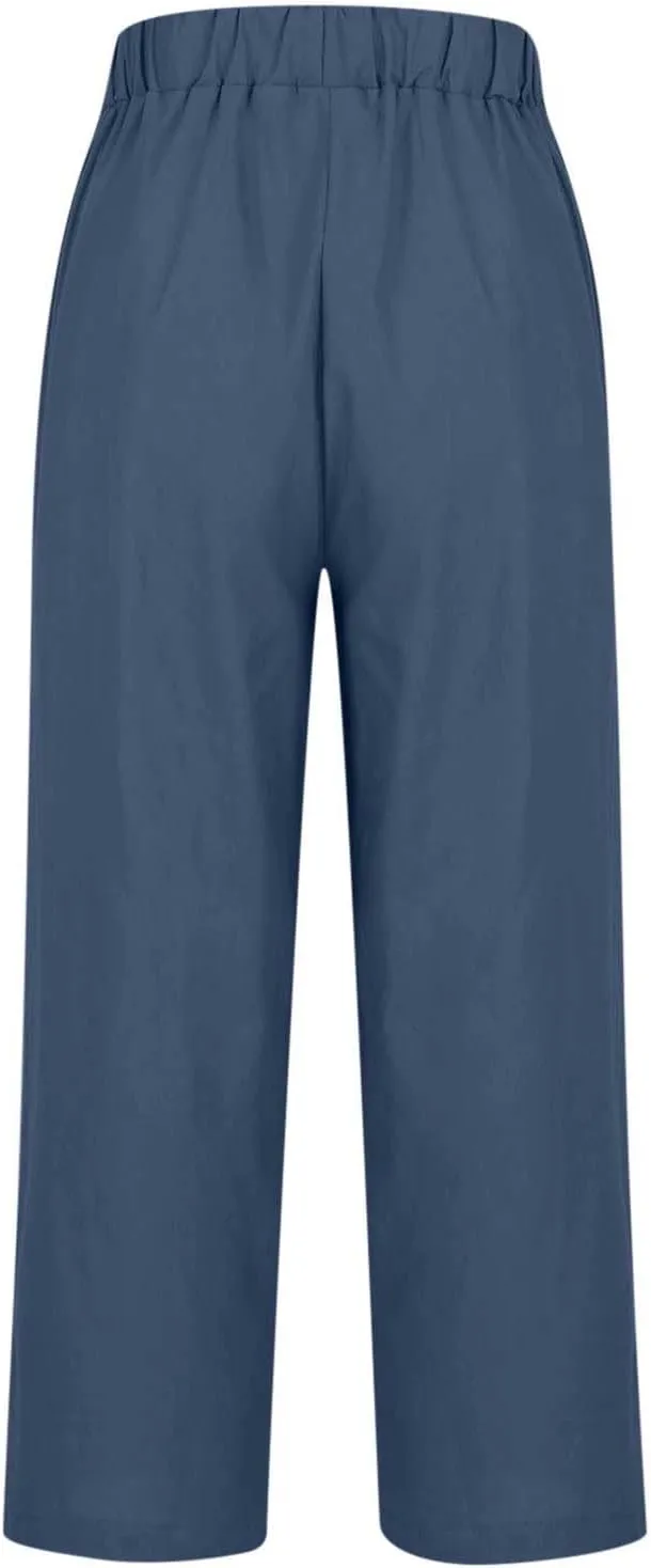 Womens Casual Linen Pants Drawstring Waist Loose Fit Summer Pants Cropped Trousers with Pockets Cotton Linen Pants