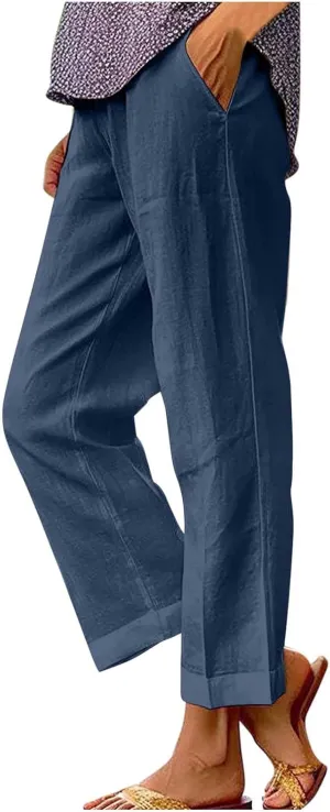 Womens Casual Linen Pants Drawstring Waist Loose Fit Summer Pants Cropped Trousers with Pockets Cotton Linen Pants