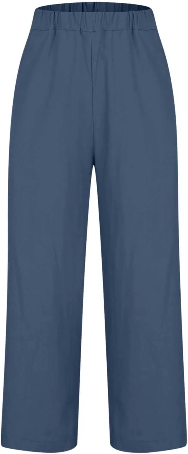 Womens Casual Linen Pants Drawstring Waist Loose Fit Summer Pants Cropped Trousers with Pockets Cotton Linen Pants