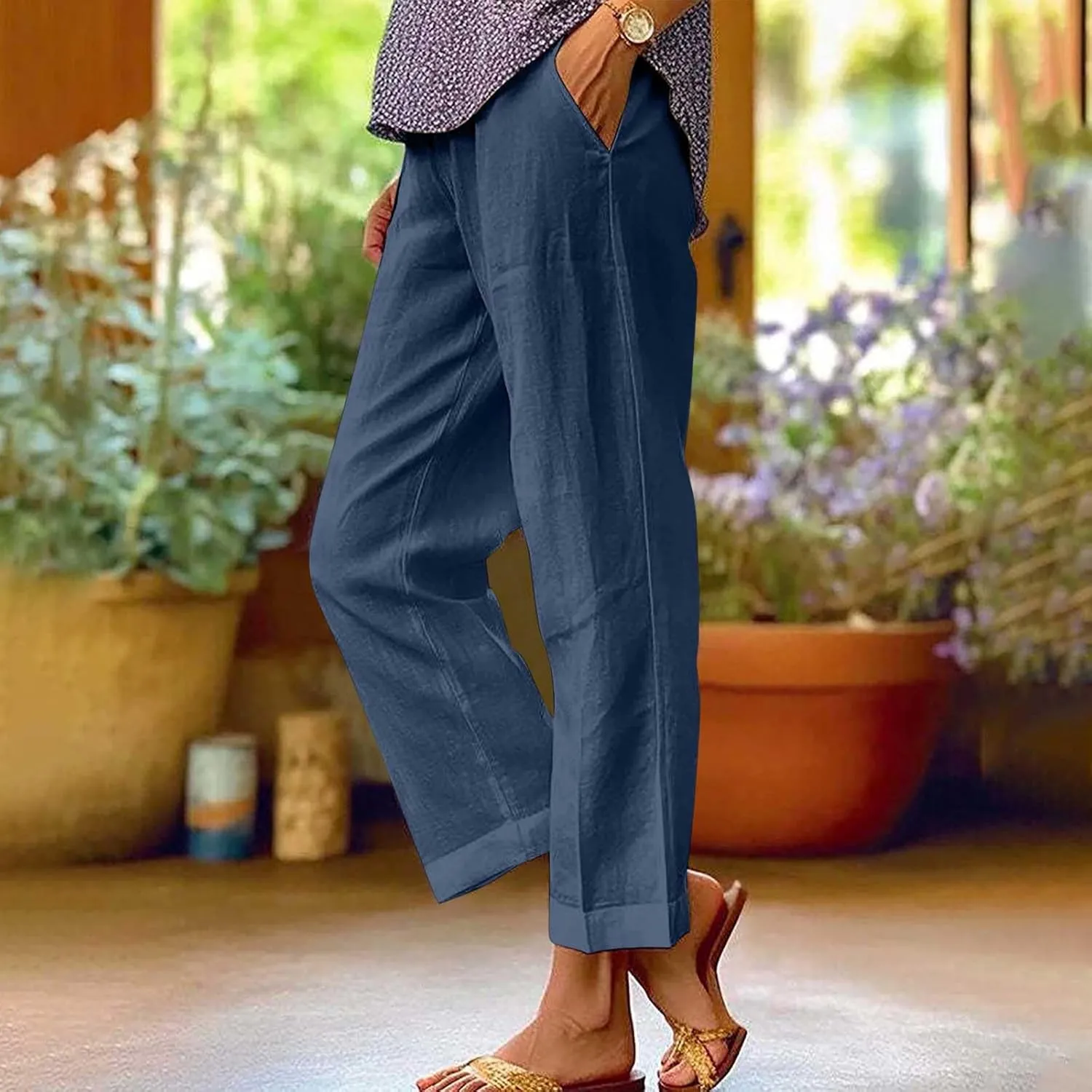 Womens Casual Linen Pants Drawstring Waist Loose Fit Summer Pants Cropped Trousers with Pockets Cotton Linen Pants