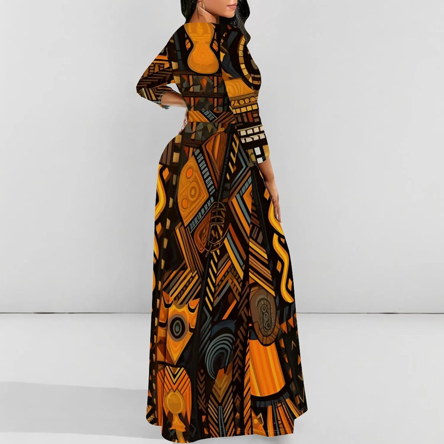 Women's Casual Maxi Dress 3/4 Sleeves Round Neck Wrap Maxi Sundress Plus Size African Style Dress with Belt