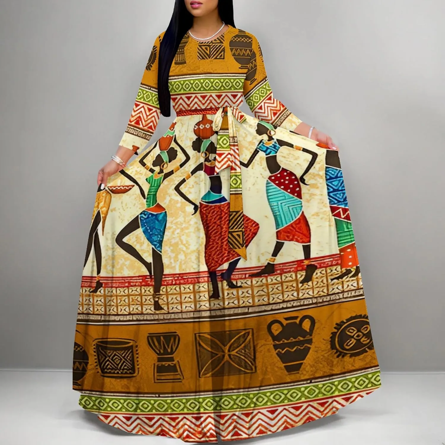Women's Casual Maxi Dress 3/4 Sleeves Round Neck Wrap Maxi Sundress Plus Size African Style Dress with Belt
