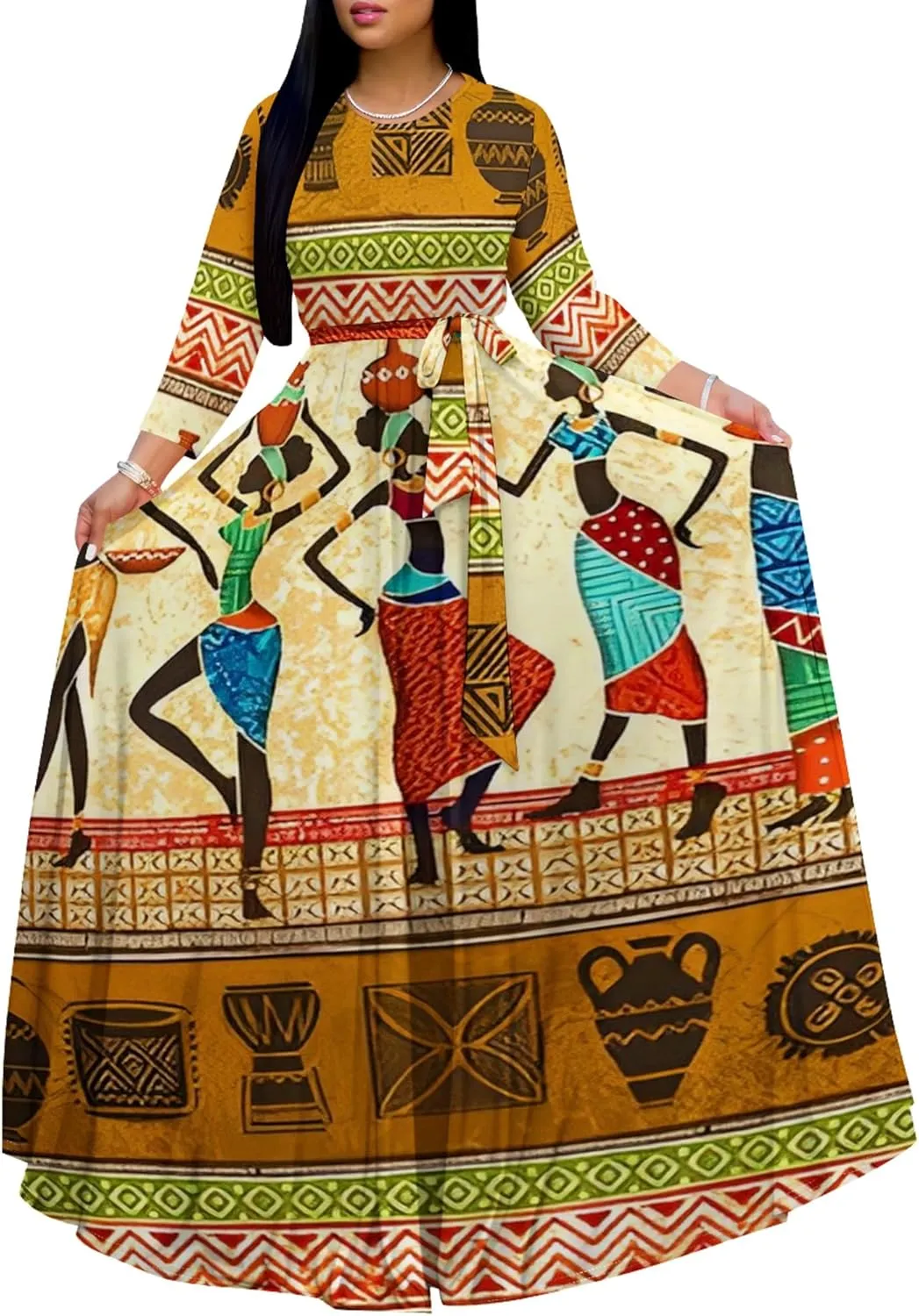 Women's Casual Maxi Dress 3/4 Sleeves Round Neck Wrap Maxi Sundress Plus Size African Style Dress with Belt