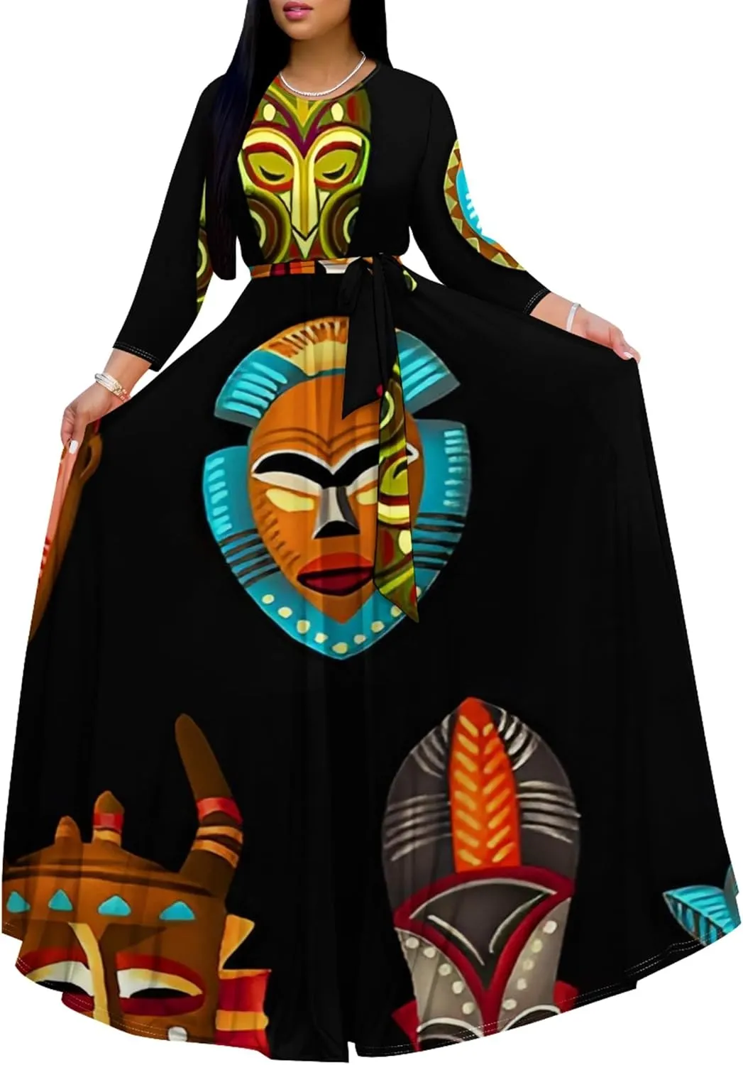 Women's Casual Maxi Dress 3/4 Sleeves Round Neck Wrap Maxi Sundress Plus Size African Style Dress with Belt