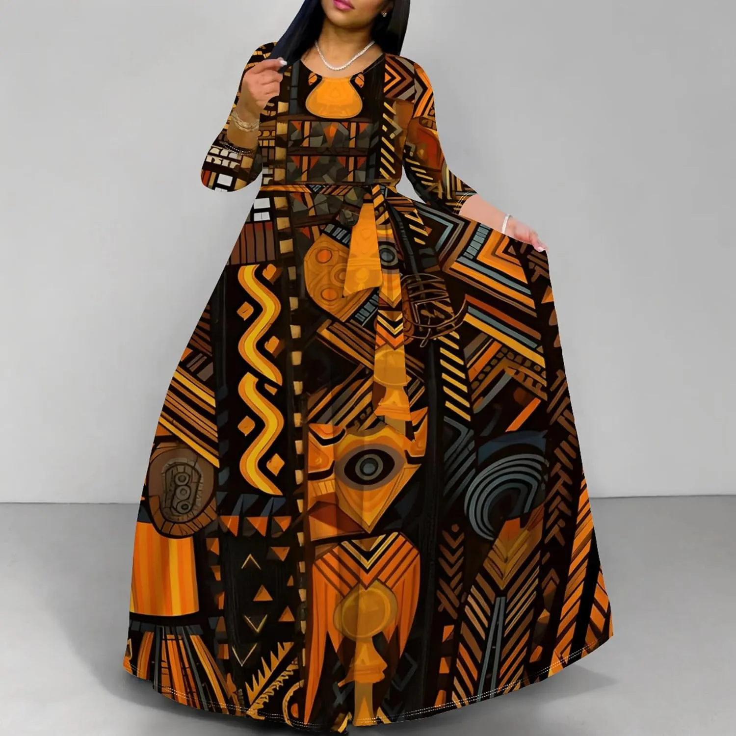 Women's Casual Maxi Dress 3/4 Sleeves Round Neck Wrap Maxi Sundress Plus Size African Style Dress with Belt